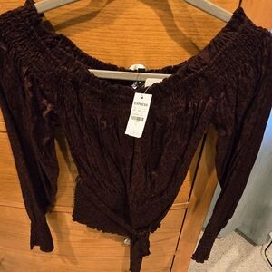 Express Dark Burgundy, Belted, Satiny Off-Shoulder Top, S